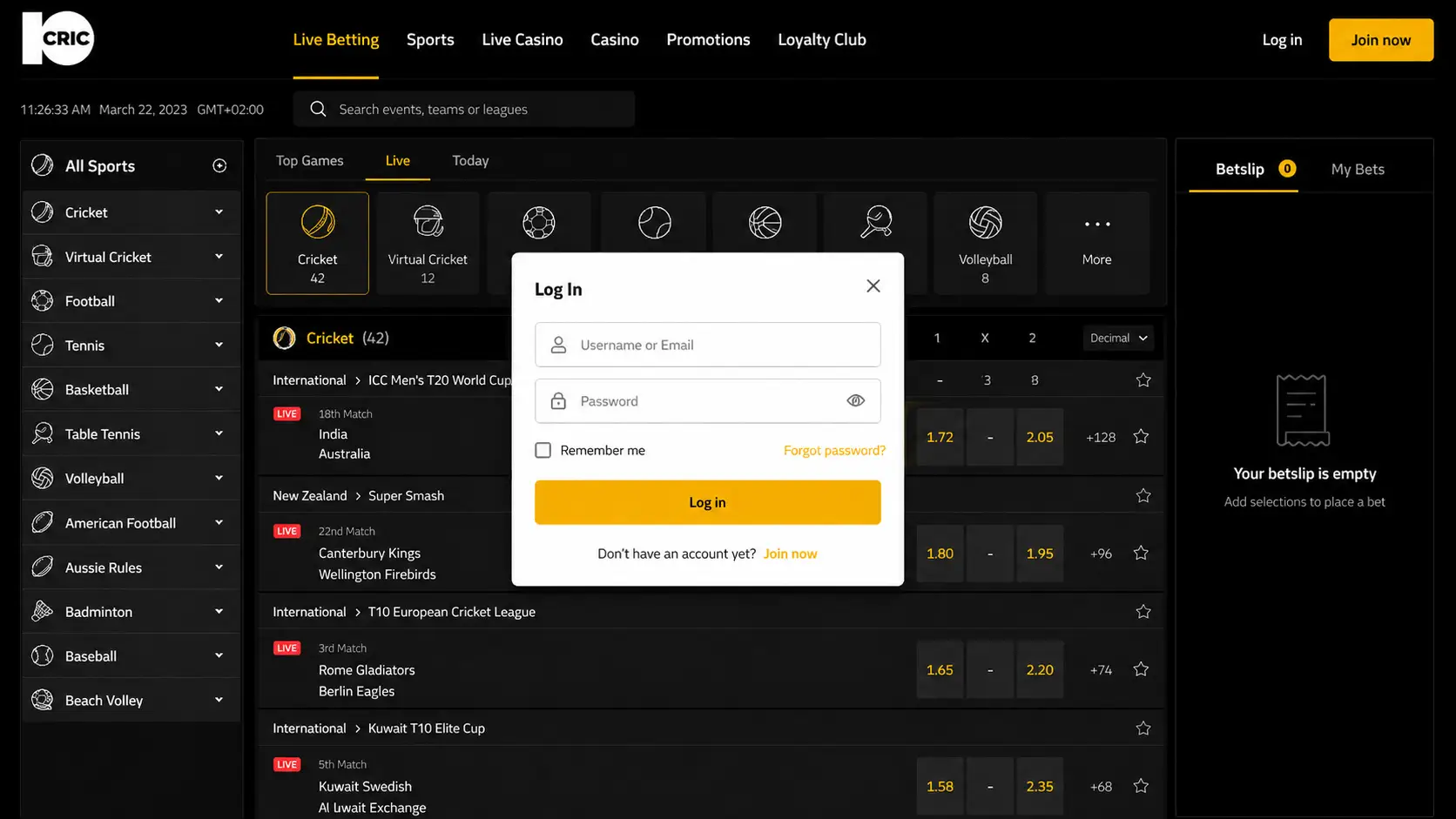 10Cric India registration and login interface